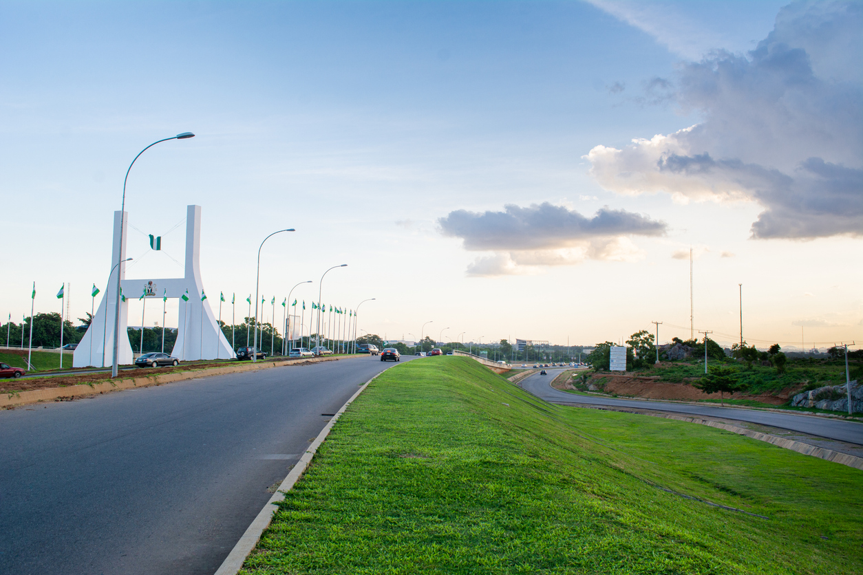 Interstate bus on a Nigerian highway, as used on the Benin to Abuja road route