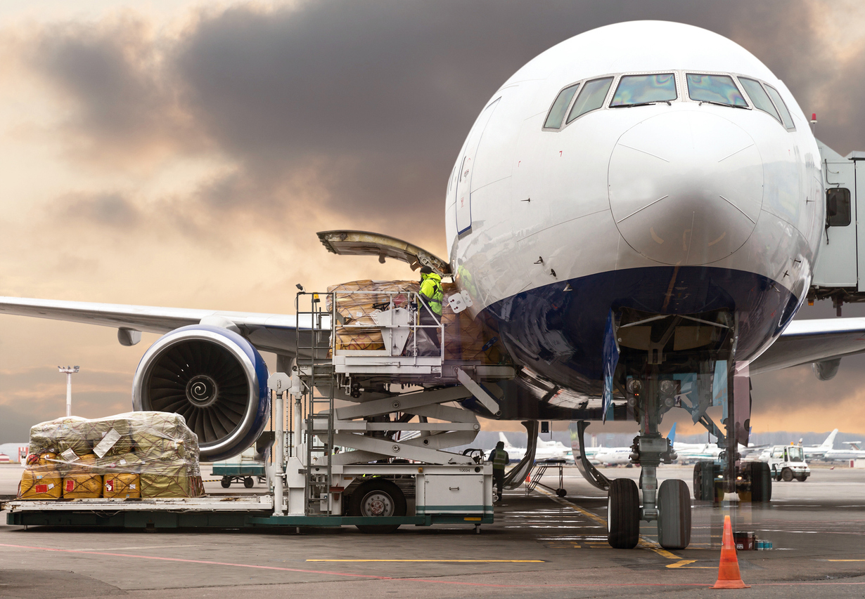 Air cargo being unloaded at an airport cargo terminal
